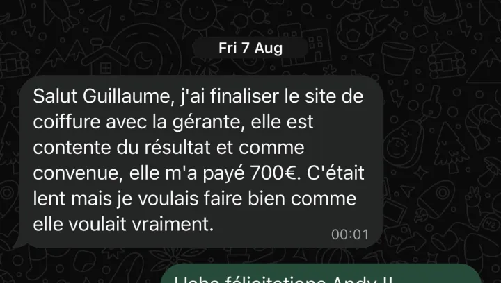 Message WhatsApp d'Andy : premier site client livré et réglé